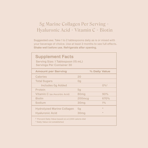 Beige label for KEE Liquid Marine Collagen Sachet - Limoncello, with ingredients and serving info in a minimal design.