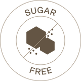A sugar-free symbol with two hexagons and dots crossed by a diagonal line, and the words SUGAR FREE around it.