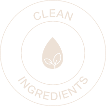 A circular badge with a leaf inside and the words Clean Ingredients around it.