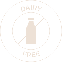Cream-colored Dairy Free label with a crossed-out milk bottle icon in the center.