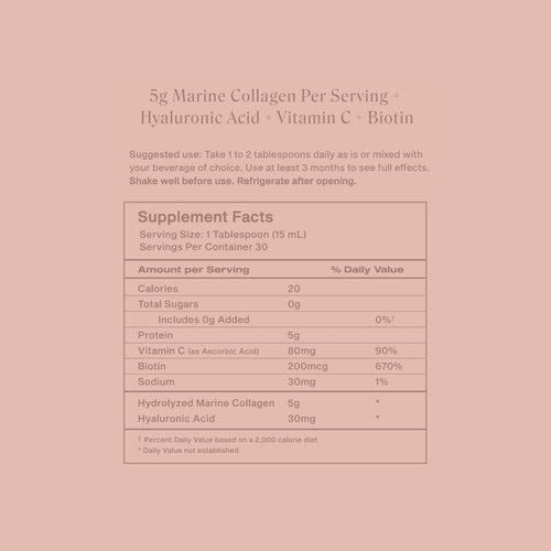 KEE Liquid Marine Collagen - Mango Sorbet supplement facts panel with hyaluronic acid, vitamin C & biotin on pink background.