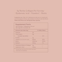 KEE Liquid Marine Collagen Sachet - Mango Sorbet: Nutrition label with oral hyaluronic acid, biotin, and vitamin C.