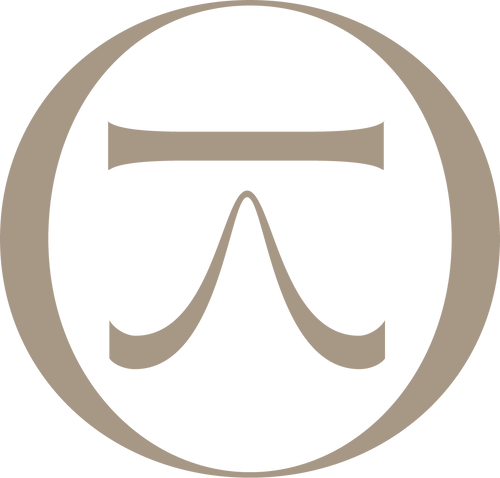 A tau symbol inside a large, thick, taupe-colored circle on a transparent background.
